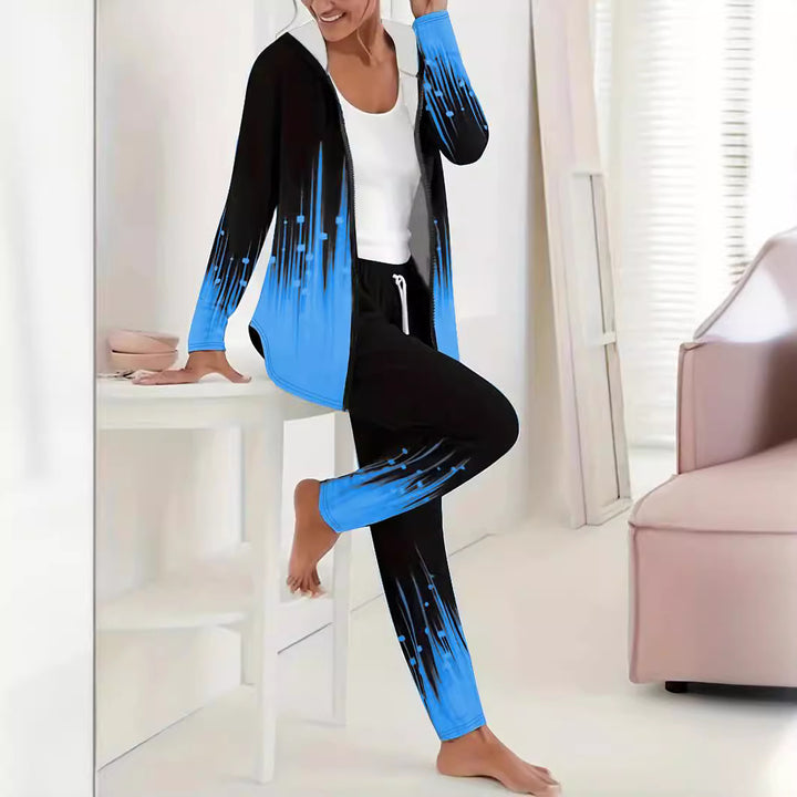 Damen Zweiteiliges Lounge-Set mit Kapuzenjacke und Tunnelzug-Jogginghose mit digitalem Verlaufprint Drune