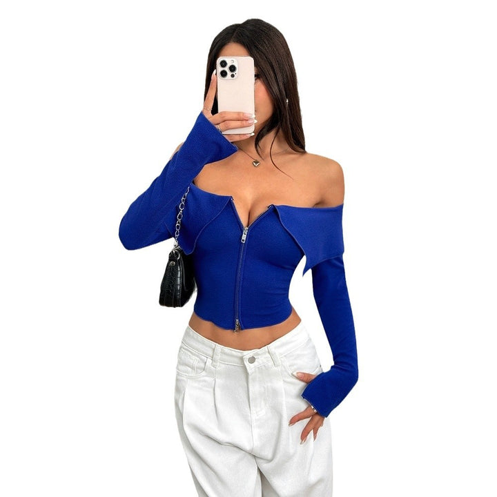Damen cropped Oberteil mit asymmetrischem Reißverschluss und schulterfreiem Design Drune