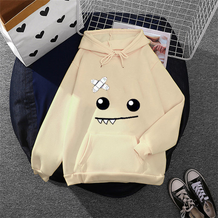 Damen nan Kapuzenpullover mit verspieltem Monstergesicht, Bandagen-Applikation und Kängurutasche Drune
