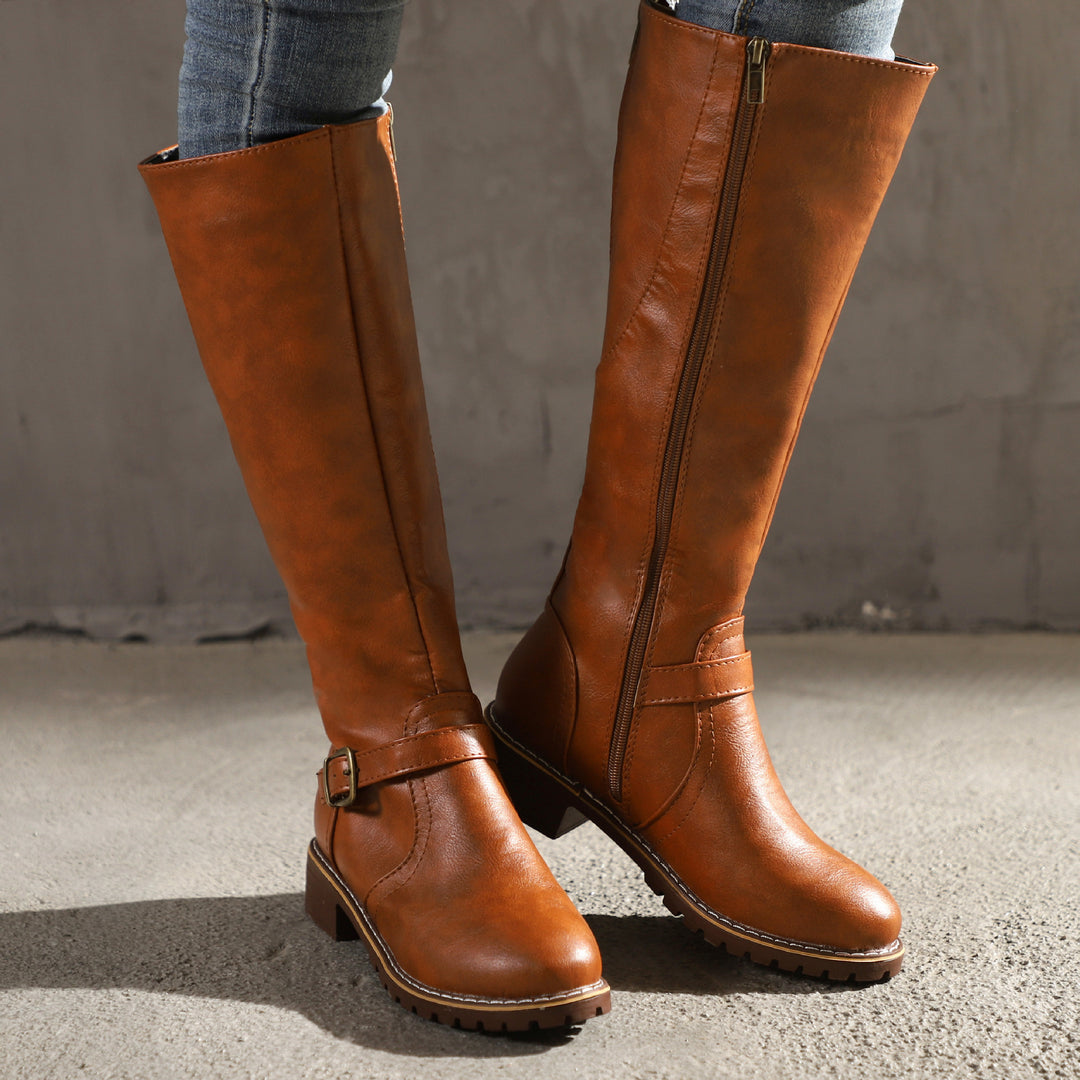 Damen Kniehohe Vintage-Bikerstiefel mit Blockabsatz und Zierspange Drune