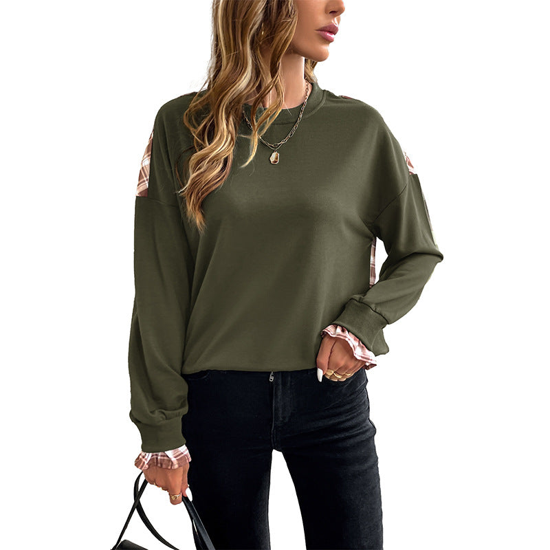 Damen Lässiges Rundhals-Sweatshirt mit Karomuster‑Einsätzen und gerafften Manschetten Drune