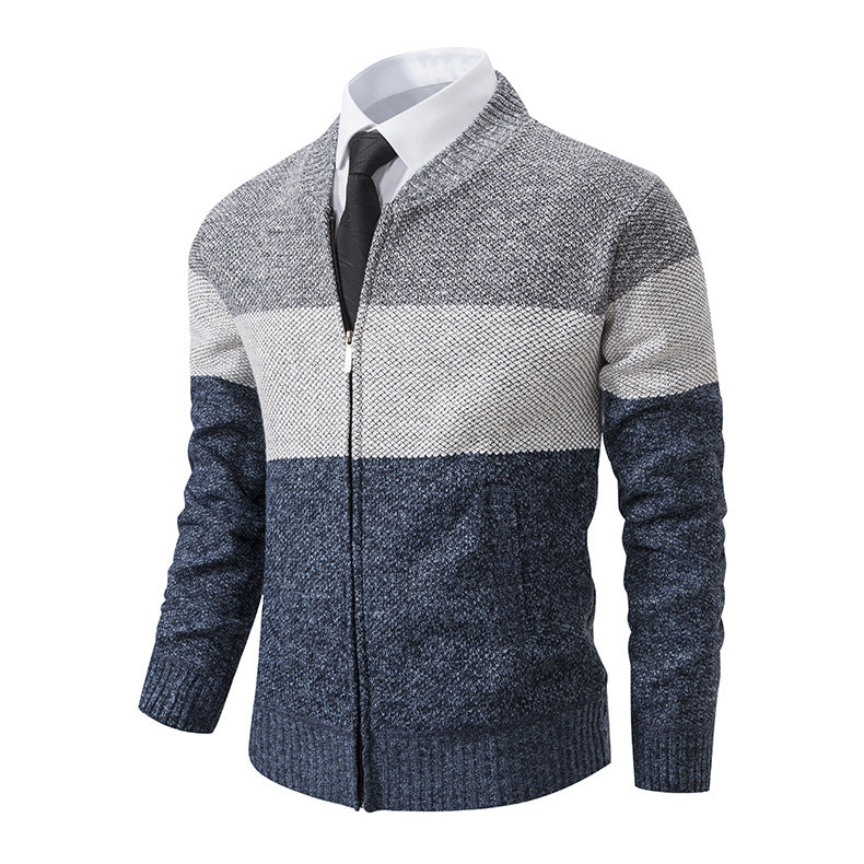 Herren Strukturierte Blockstreifen‑Strickjacke mit Frontzip, Stehkragen und Eingrifftaschen Drune