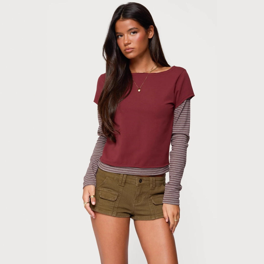 Damen modisches Langarmshirt mit einzigartigen Streifen und kurzem Schnitt Drune