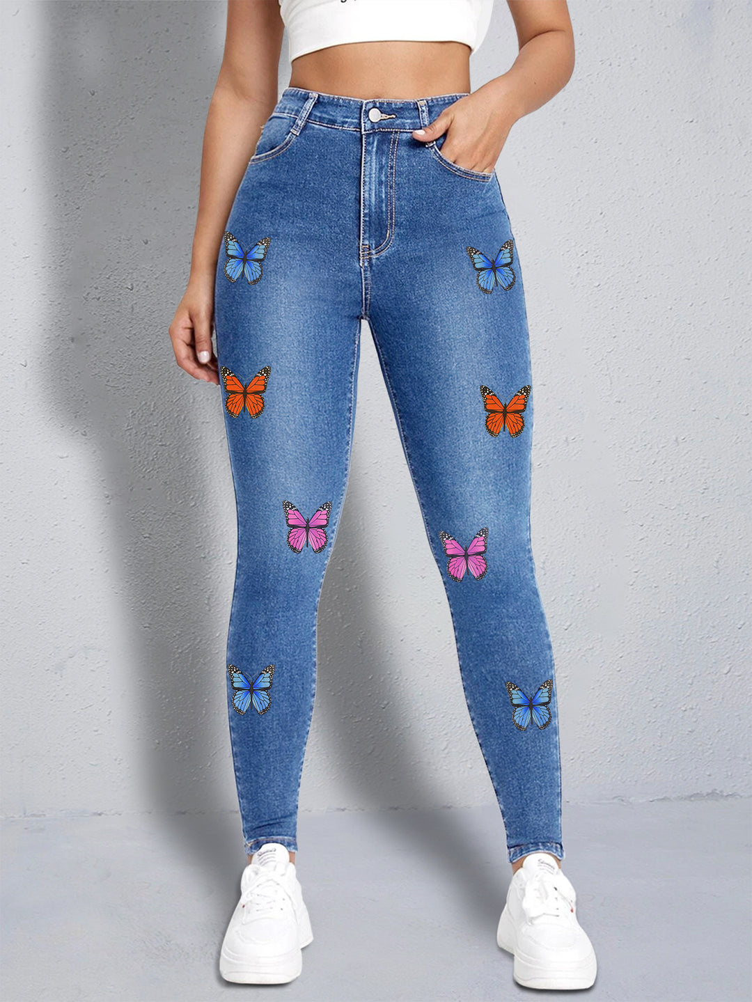 Damen enganliegende High‑Waist Jeansleggings mit buntem Schmetterling-Print Drune