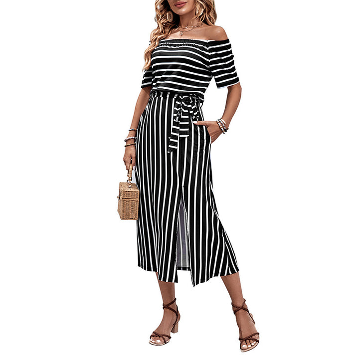 Damen Maxikleid mit schickem Off-Shoulder-Design und gestreiftem Muster Drune