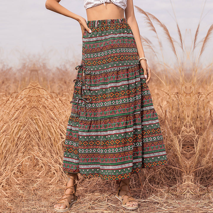 Damen Maxi-Stufenrock mit elastischem Taillenbund, seitlichen Knotendetails und Ethno-Print Drune