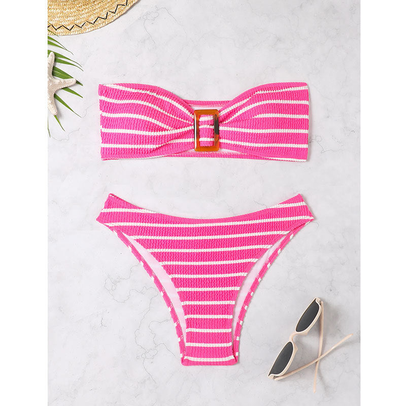 Damen Bandeau-Bikini-Set mit dekorativem Ring und verspieltem Streifenmuster Drune
