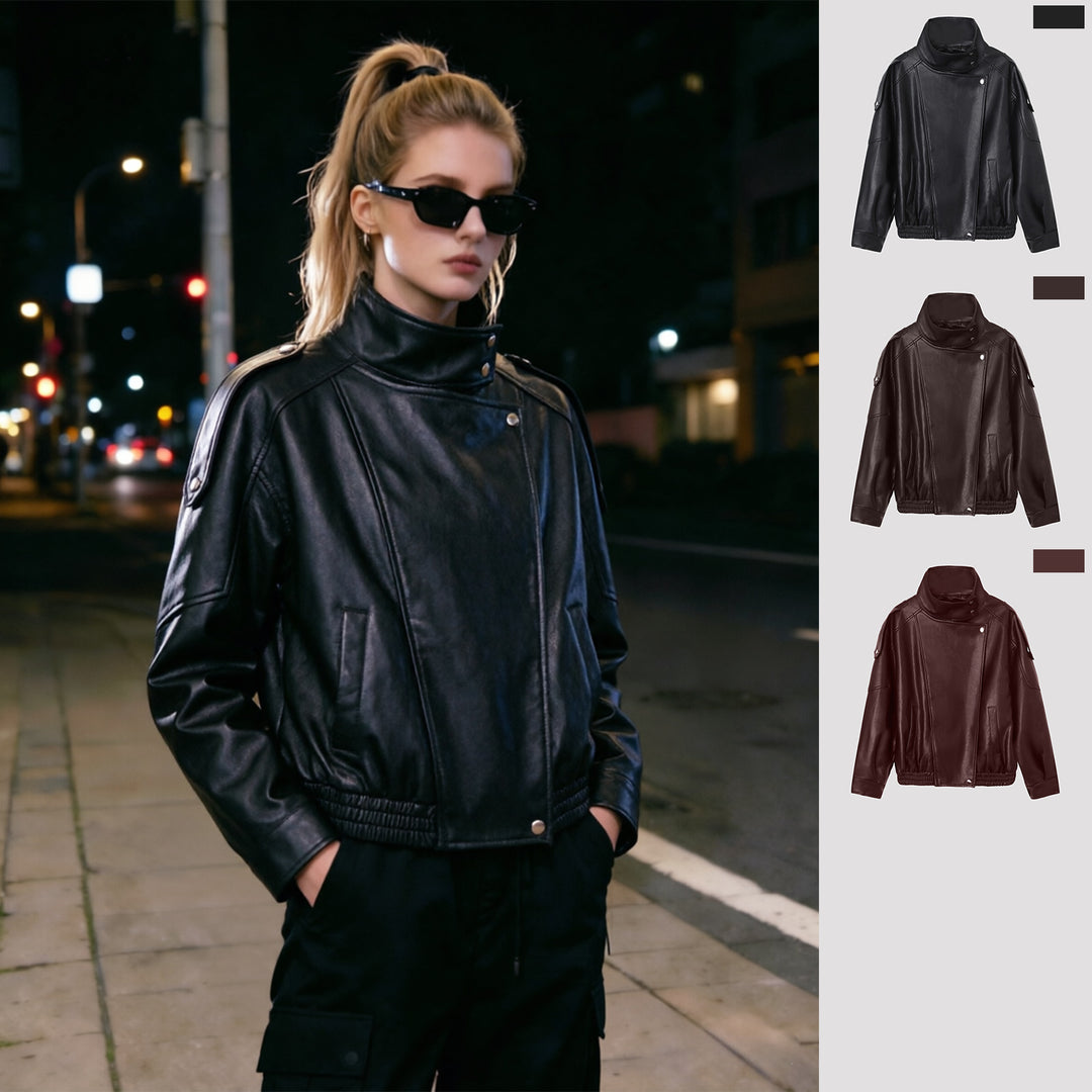 Damen Modische Lederjacke mit Stehkragen Drune
