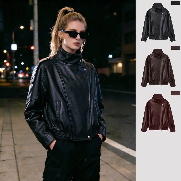 Damen Modische Lederjacke mit Stehkragen Drune
