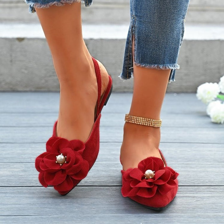 Damen Slingback-Ballerinas mit großer Blumenapplikation und flacher Komfortsohle Drune