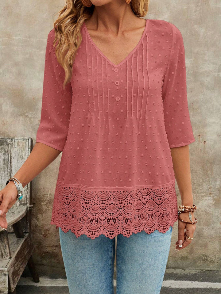 Damen Tunika Bluse mit Spitzenbesatz und strukturierten Pintucks Drune