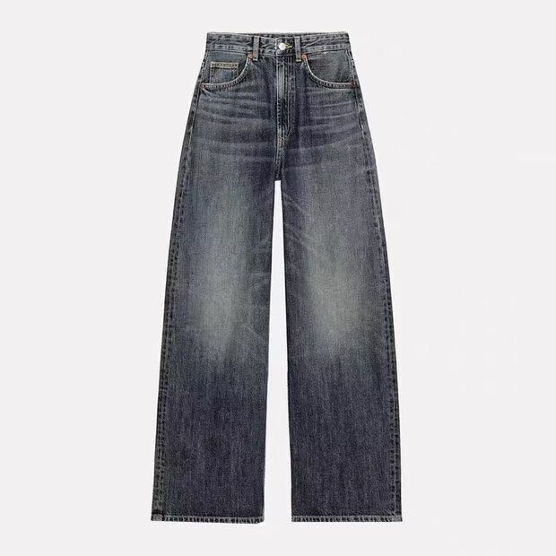Damen High-Waist Denim-Jeans mit weitem Bein und Fünf-Taschen-Design Drune