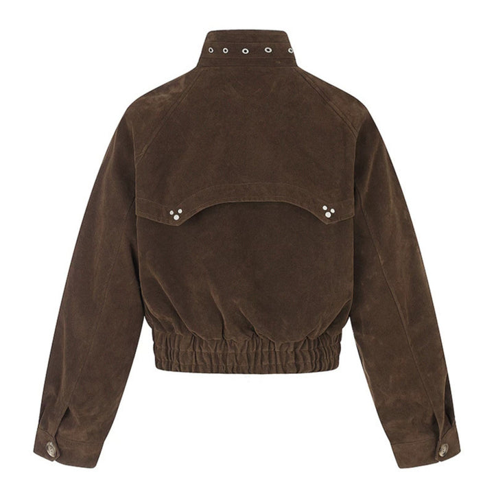 Damen kurze Wildleder‑Bomberjacke mit hohem Stehkragen und metallischen Details Drune