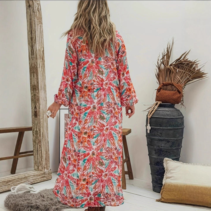 Damen Maxikleid mit buntem Floralprint und leichtem V-Ausschnitt Drune