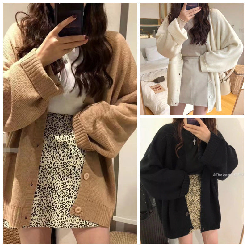 Damen lässiger Strickcardigan mit voluminösen Ärmeln und Knopfleiste Drune