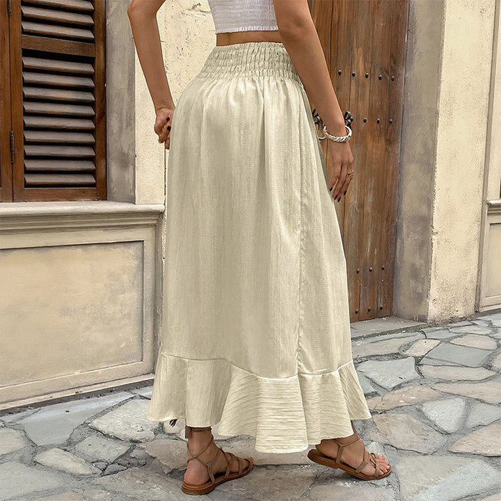 Damen Sommerlicher Maxirock mit Smockbund, durchgehender Knopfleiste, Seitenschlitz und Volant Drune