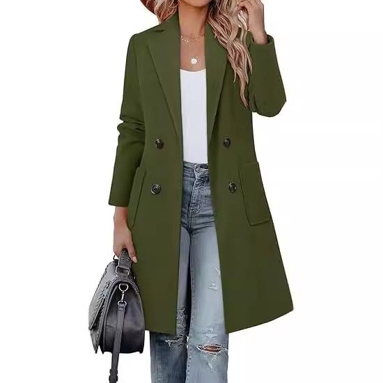 Damen Doppelreihiger Longblazer-Mantel mit aufgesetzten Taschen und taillierter Silhouette Drune