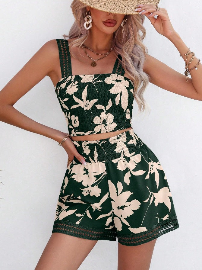 Damen luftiges Blütenmuster Top und Shorts Set Drune