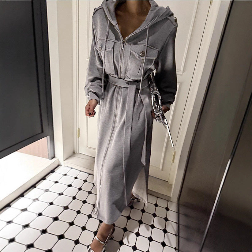 Damen Langes Kapuzen‑Sweatkleid mit Reißverschluss, Pattentaschen, Ballonärmeln und Seitenschlitzen Drune