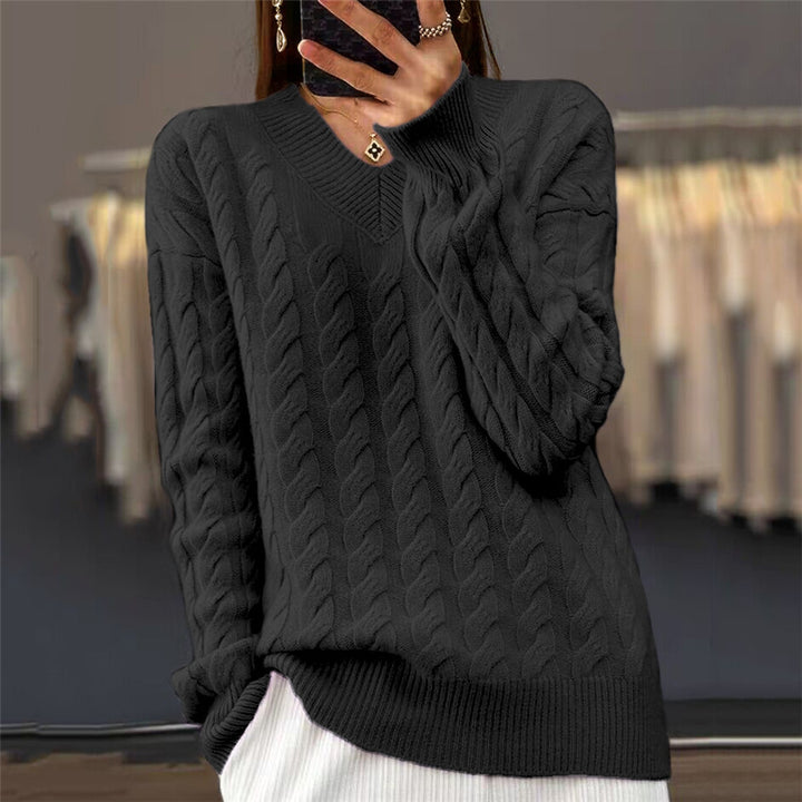 Damen nan weich fallender Zopfmuster-Pullover mit V-Ausschnitt, Oversize-Schnitt und geripptem Saum Drune