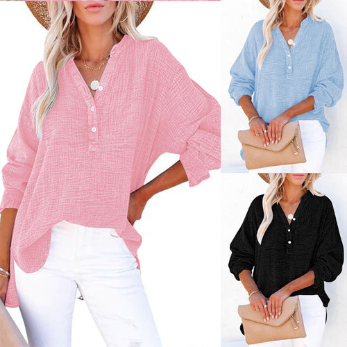 Damen Oversize Texturierte Baumwollbluse mit Henley-Knopfleiste Drune