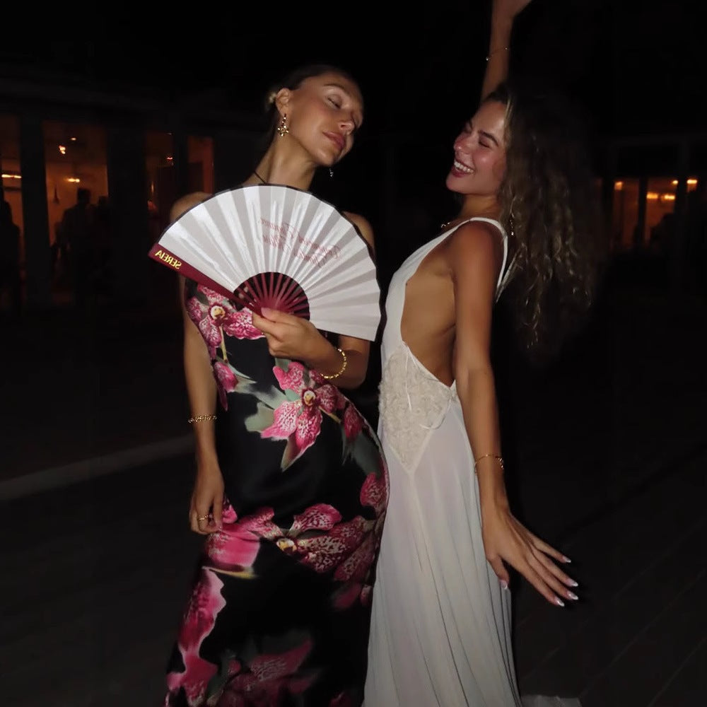 Damen Maxikleid mit floralem Seiden-Effekt und feinen Spaghettiträgern Drune