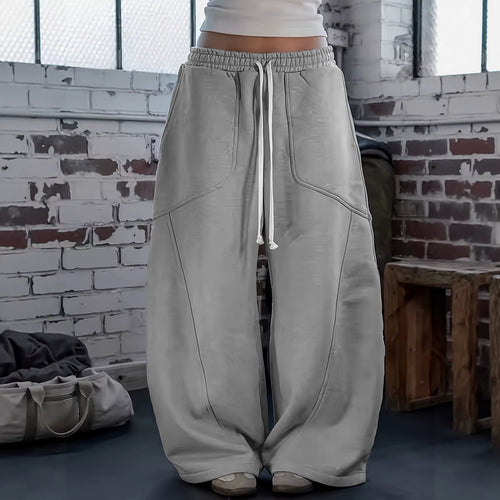 Damen Weite Baggy-Sweatpants mit hohem Elastikbund, Kordelzug und Teilungsnähten Drune
