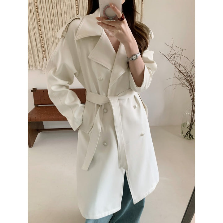 Damen Midilanger Trenchcoat mit Oversize-Schultern und Perlmuttknöpfen Drune