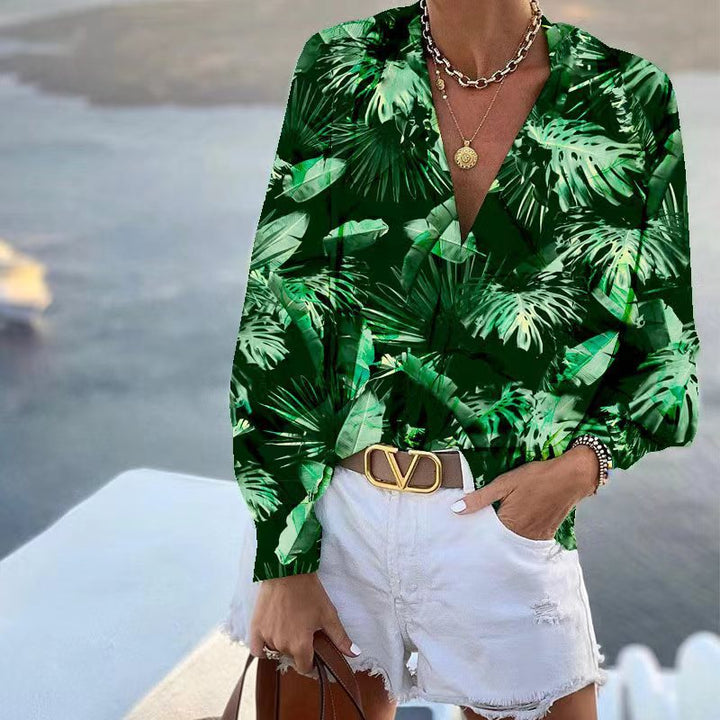 Damen Bluse mit floralem Muster und tiefem V-Ausschnitt Drune