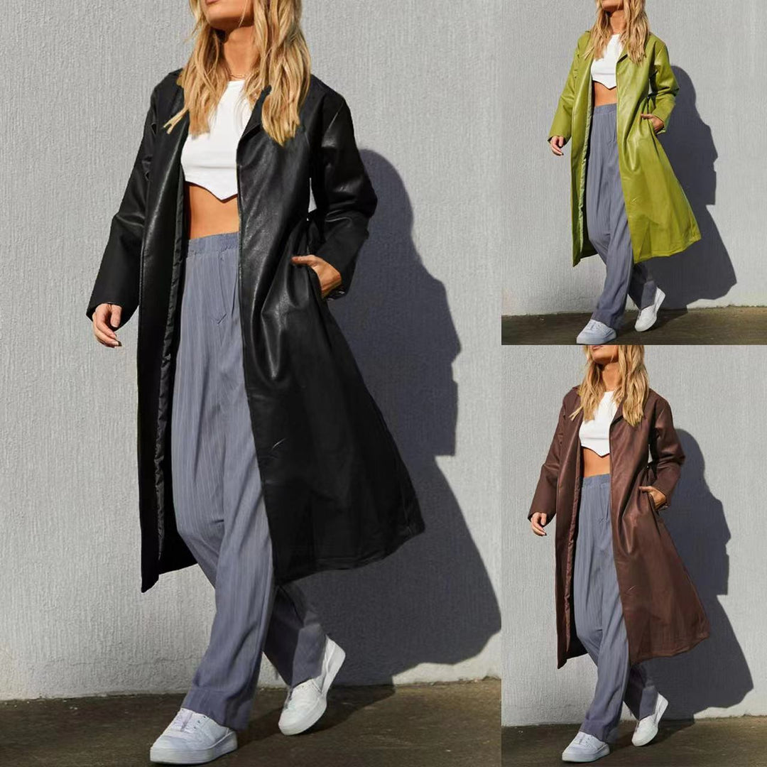 Damen Langer eleganter Kunstleder-Mantel Drune