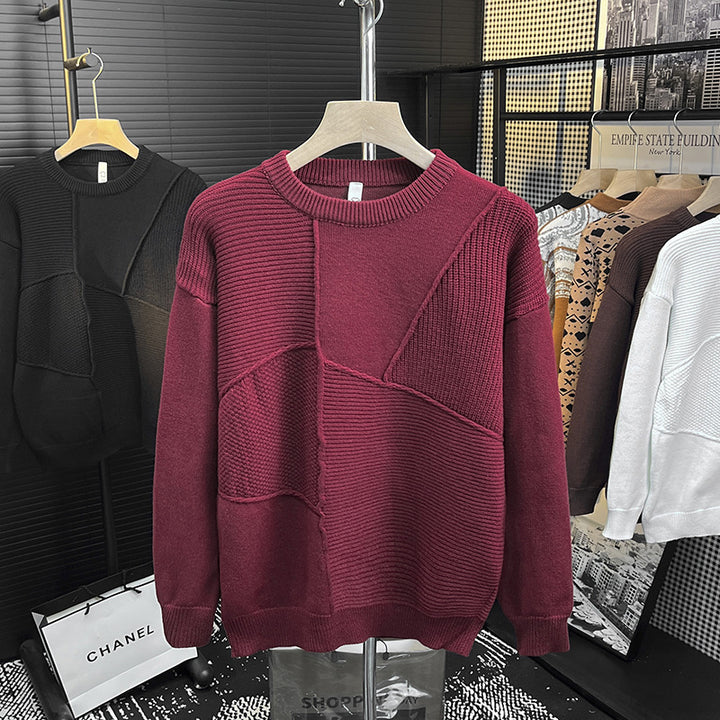 Herren Strukturierter Patchwork-Strickpullover mit Rundhals und gerippten Einsätzen Drune