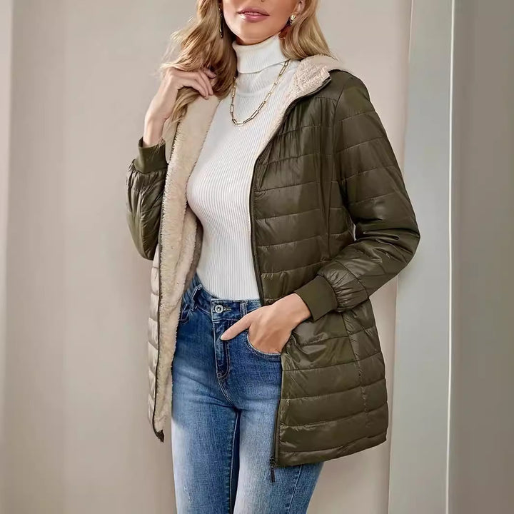 Damen Langer Steppmantel mit Teddyfutter und Kapuze Drune