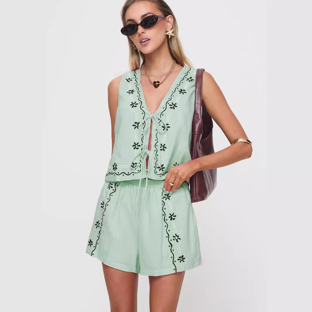 Damen luftiges Zweiteiler-Set mit floraler Stickerei Drune