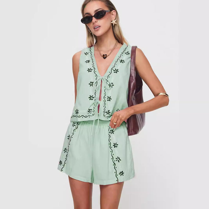 Damen luftiges Zweiteiler-Set mit floraler Stickerei Drune
