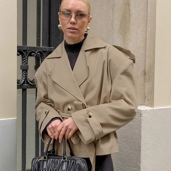 Damen Oversized Trenchcoat mit breitem Kragen und dekorativen Knopfdetails Drune