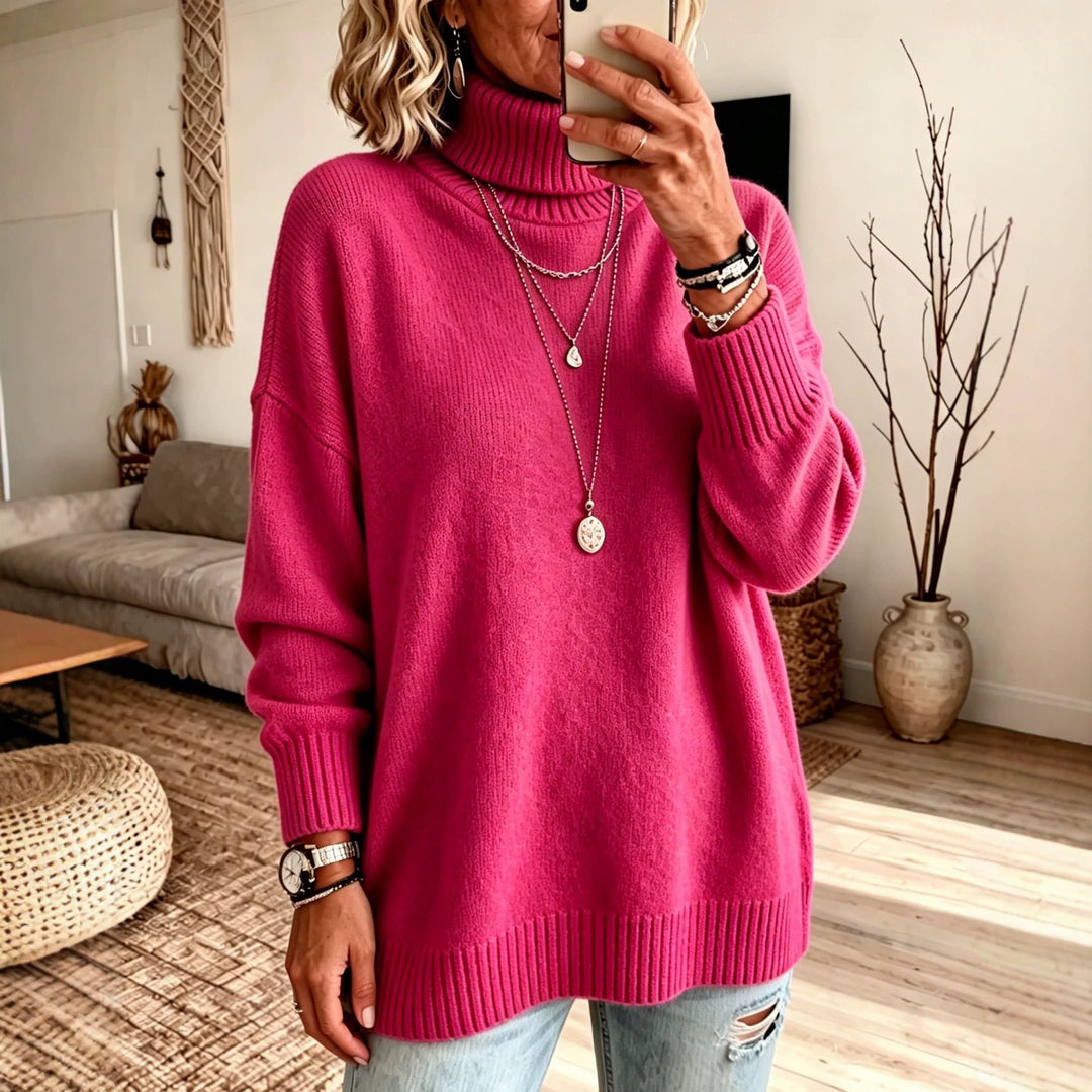 Damen Oversize Rollkragenpullover aus Feinstrick mit gerippten Bündchen und überschnittener Schulter Drune