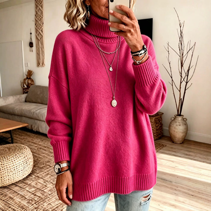Damen Oversize Rollkragenpullover aus Feinstrick mit gerippten Bündchen und überschnittener Schulter Drune