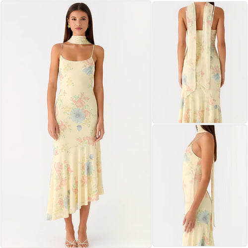 Damen Elegantes Maxikleid mit blumigem Chiffon-Design und Neckholder-Ausschnitt Drune