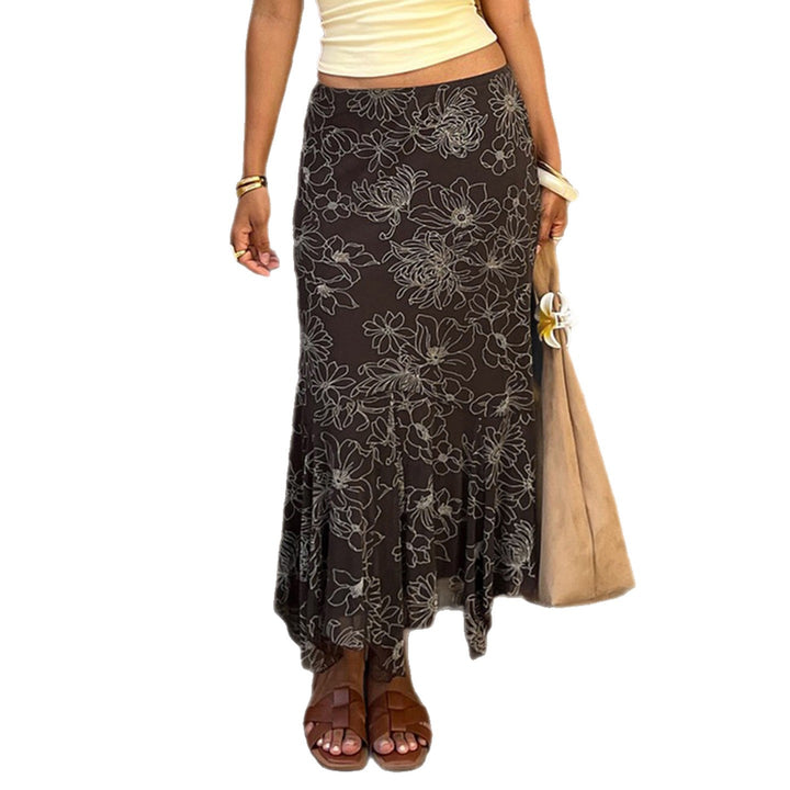 Damen Midirock mit ausgestelltem Volant-Saum und floralem Konturprint Drune