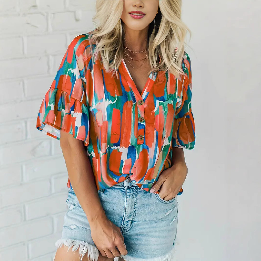 Damen Kurzarm Bluse mit buntem Grafikdesign Drune