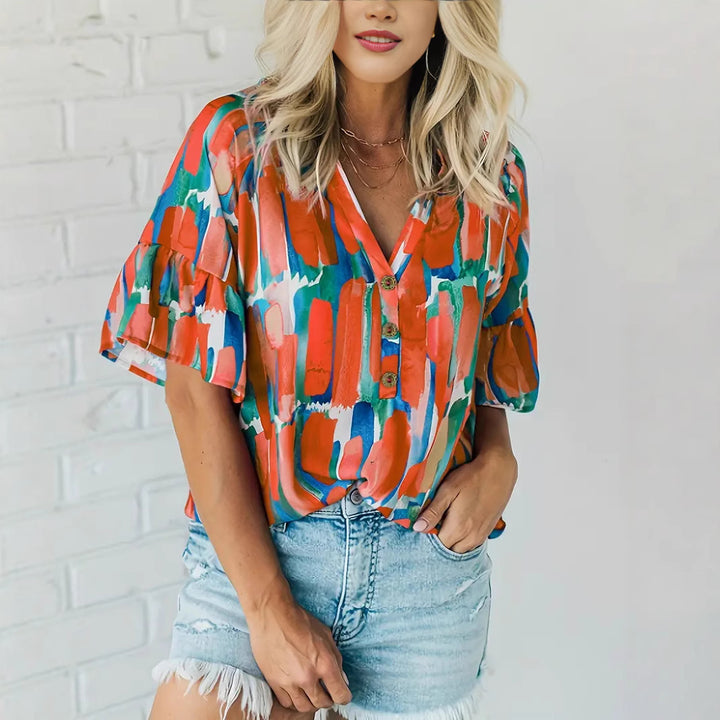 Damen Kurzarm Bluse mit buntem Grafikdesign Drune