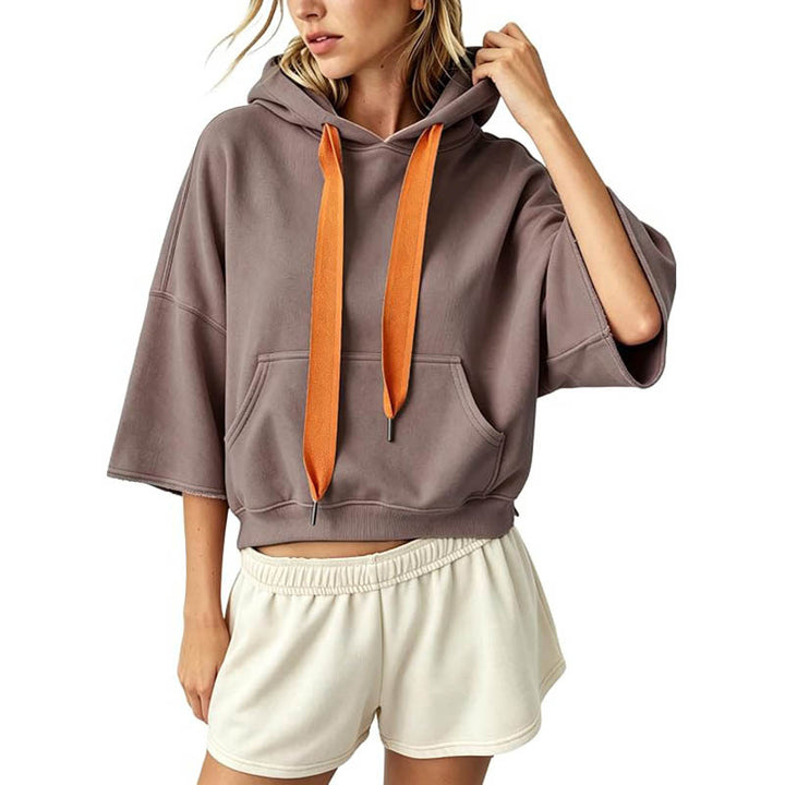 Damen Cropped Kapuzenpullover mit 3/4-Ärmeln und Kängurutasche Drune
