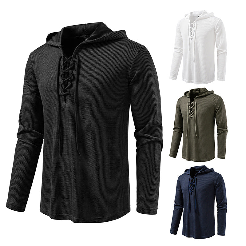 Herren Waffelstrick-Kapuzenpullover mit Schnürkragen und geradem Saum Drune