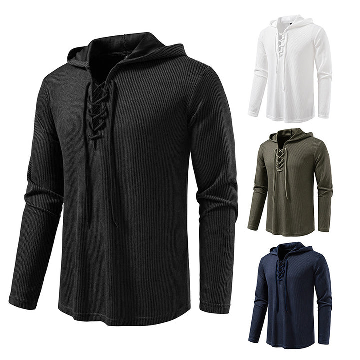 Herren Waffelstrick-Kapuzenpullover mit Schnürkragen und geradem Saum Drune