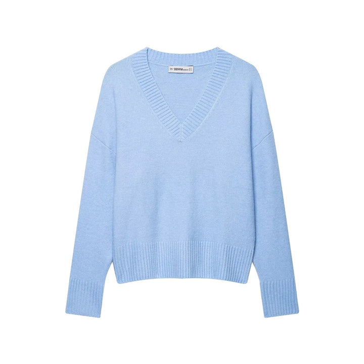 Damen Oversize V-Ausschnitt Strickpullover mit tiefem Fall und breitem Rippenbund Drune