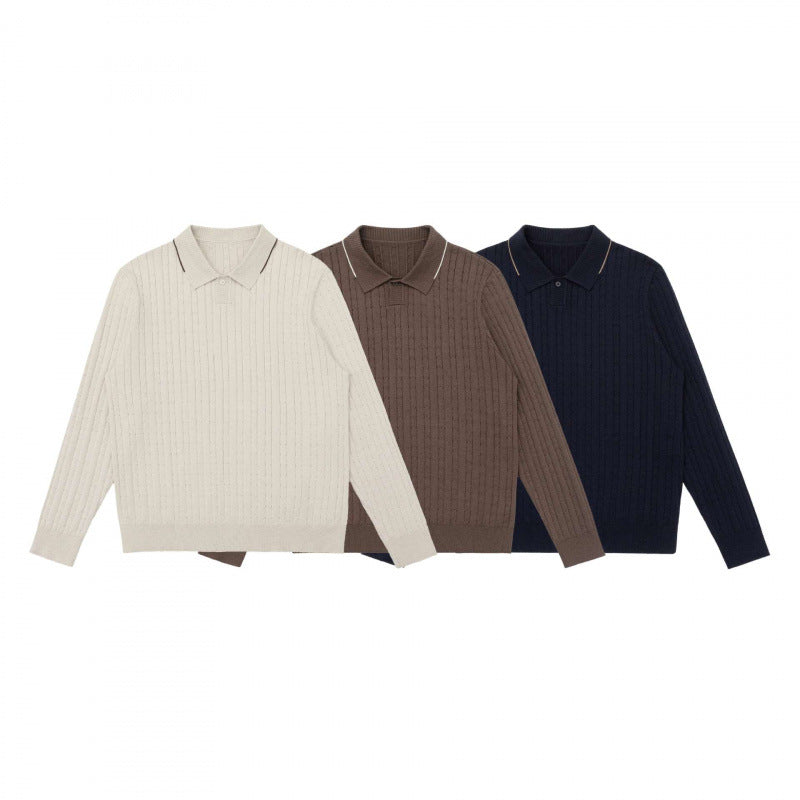 Herren Polokragen-Strickpullover mit Zopfmuster und feiner Knopfleiste Drune