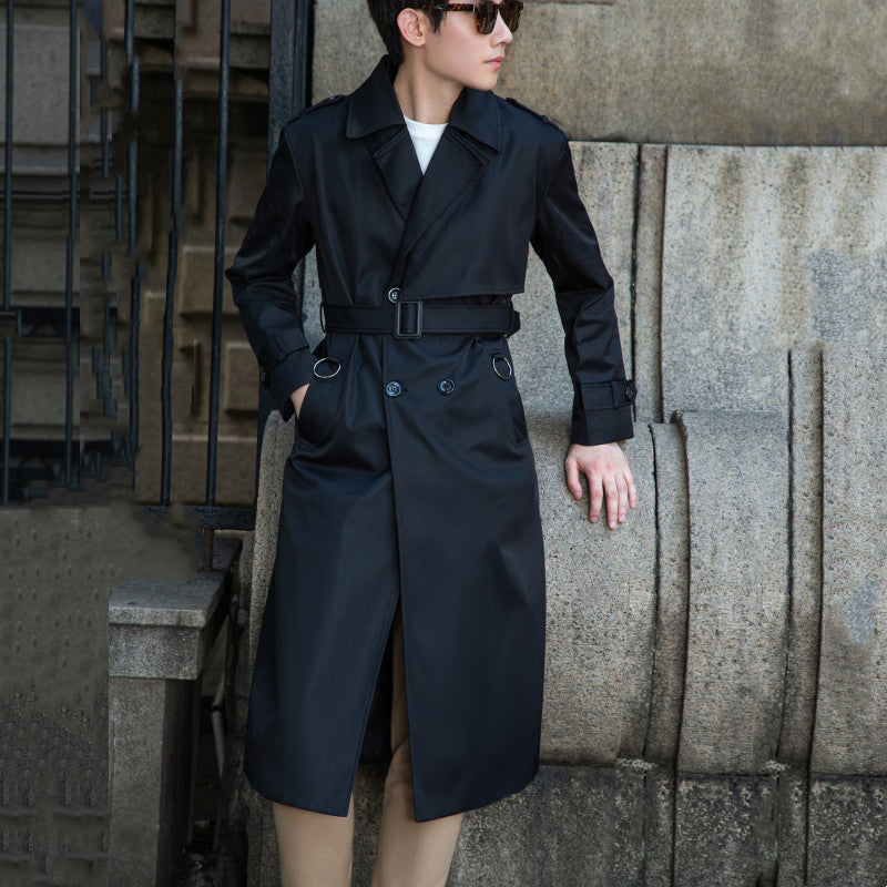 Herren langer doppelreihiger Trenchcoat mit Sturmklappe und D-Ring-Details Drune