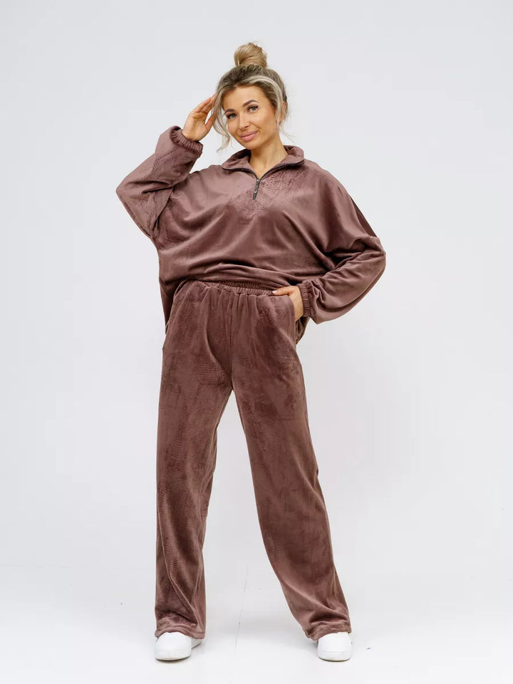 Damen samtiges zweiteiliges Lounge-Set mit Kapuzen-Halbzip und elastischer Bundhose Drune