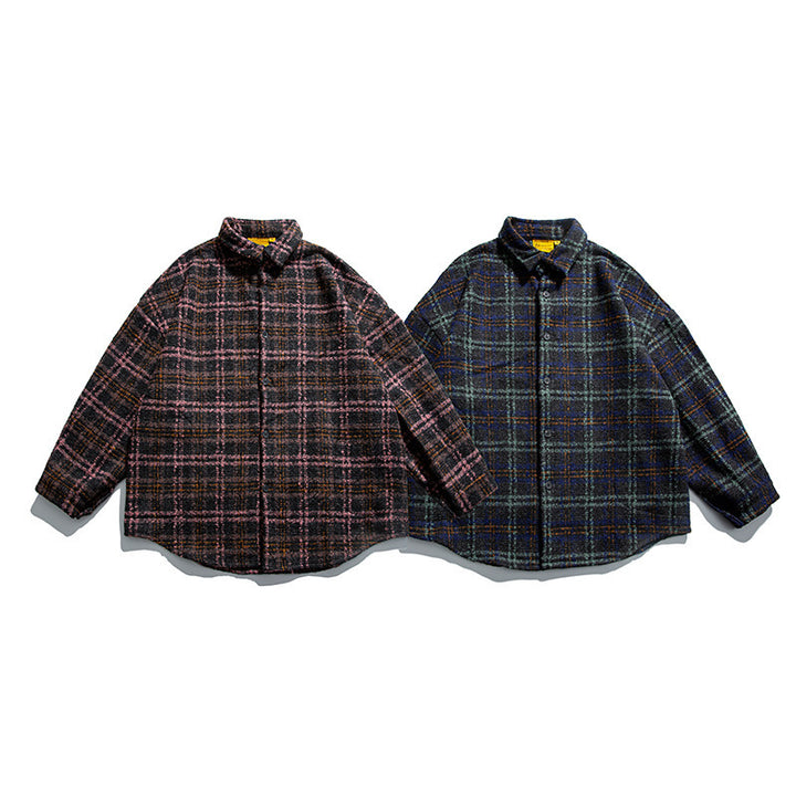 Unisex Bouclé-Karo Hemdjacke mit gesteppter Fütterung, abgerundetem Saum und Hemdkragen Drune