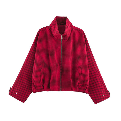 Damen Karierter Cropped-Blouson mit hohem Stehkragen, weitem Schnitt und Druckknopfmanschetten Drune